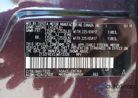 2018 Toyota Rav4 Le из США, поврежденный, VIN 2T3ZFREV2JW513326